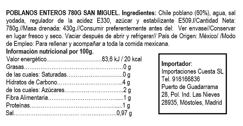 Chiles Poblanos enteros 780g San Miguel 