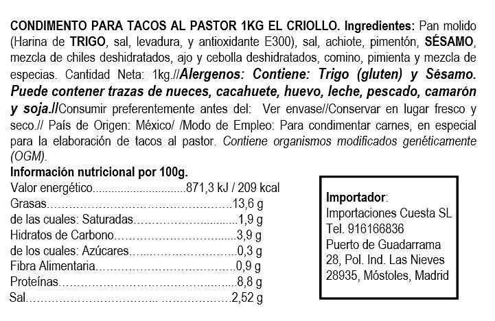 Condimento para tacos al Pastor 1kg 
