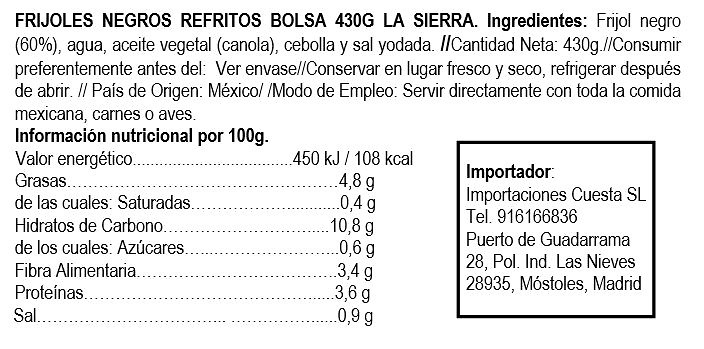 Friljoles negros refritos en bolsa, La Sierra 