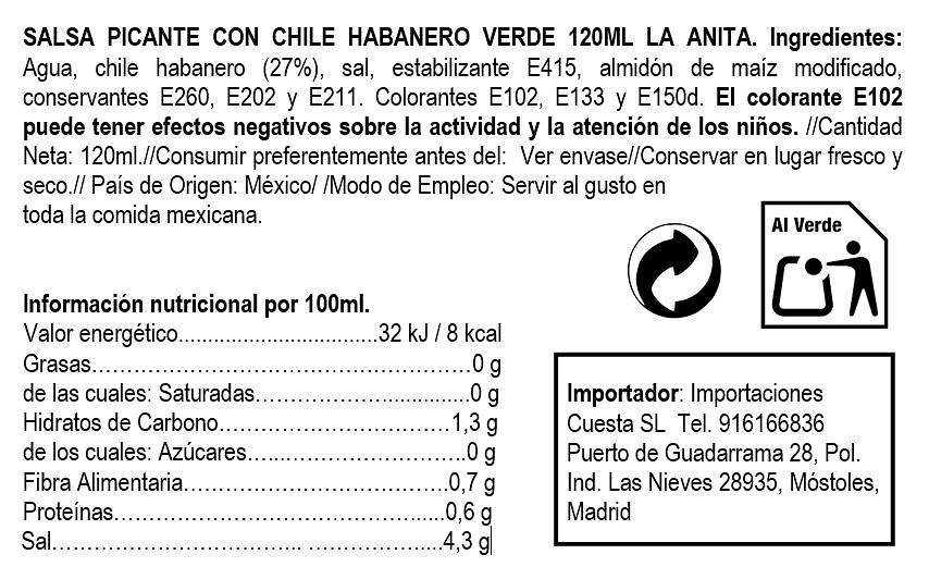 Green Habanera Sauce 12/120ml La Anita 