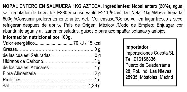 Nopales enteros en salmuera ( al natural ) 1kg 