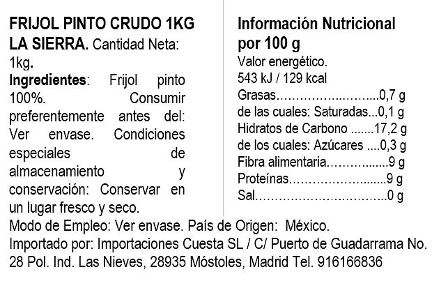 Pinto mexican Bean in grain La Sierra 0.900kg 