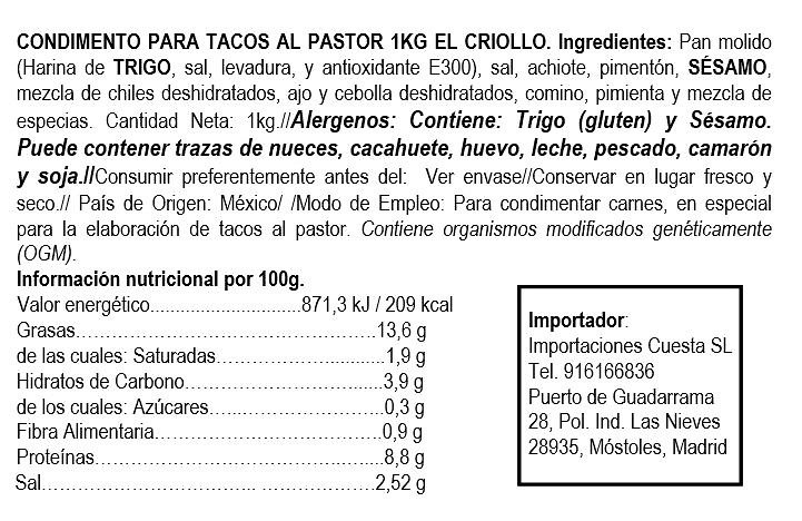 Seasoning for tacos al Pastor 1kg 